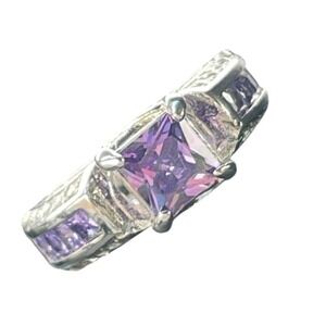 Purple Princess Cut Statement Ring Silver Tone Baguette Accents Size 7